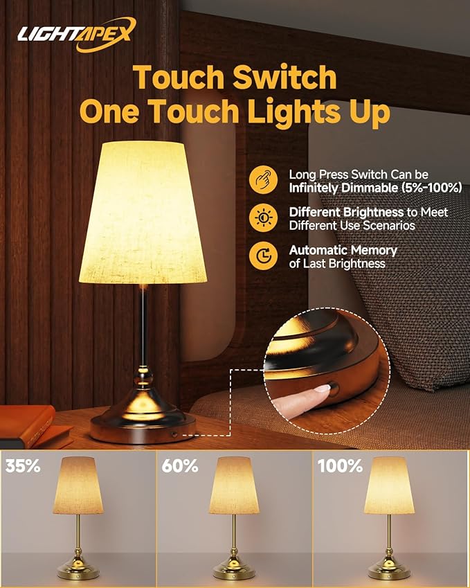 Lightapex Vintage Small Cordless Table Lamps with Stepless Dimming, Portable Rechargeable Bedside Lamps with Touch-Control for Bedroom, Living Room, and Reading, Cone(Brassy)