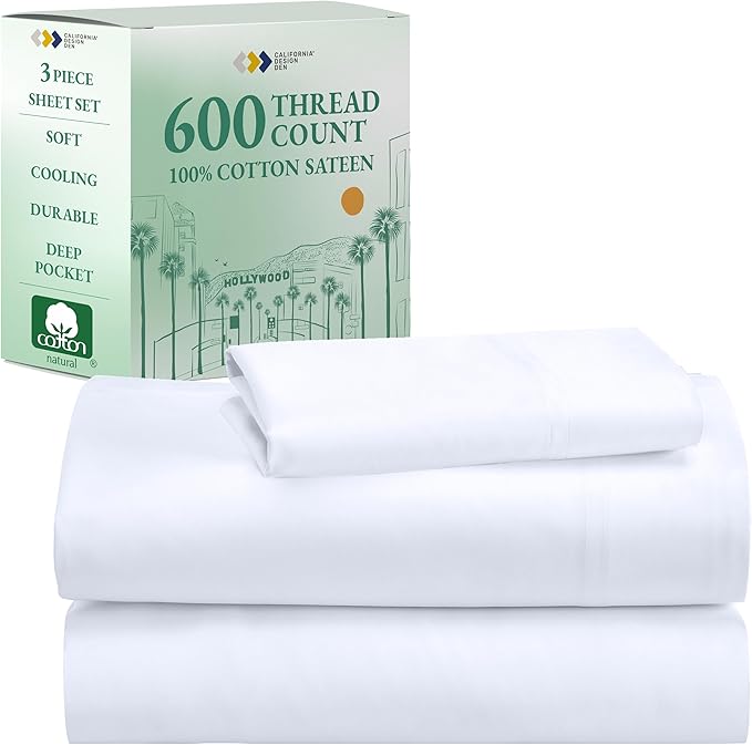 California Design Den Deep Pocket Twin Sheets Set - Luxury 600 Thread Count 100% Cotton Sateen, Twin Sheet Set with All Around Elastic for a Snug Fit, Hotel Quality Bedding - White