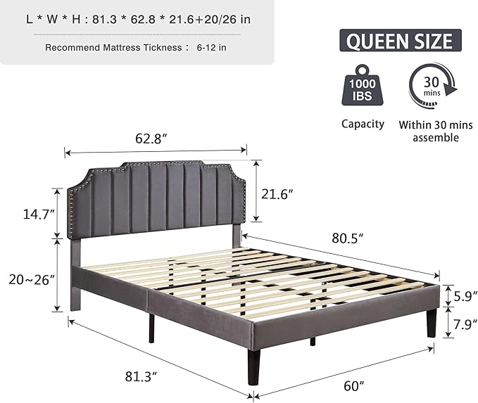 VECELO Queen Size Bed Frame Upholstered Platform with Tufted Adjustable Headboard/Mattress Foundation/Wood Slat Support,Easy Assembly,Dark Grey