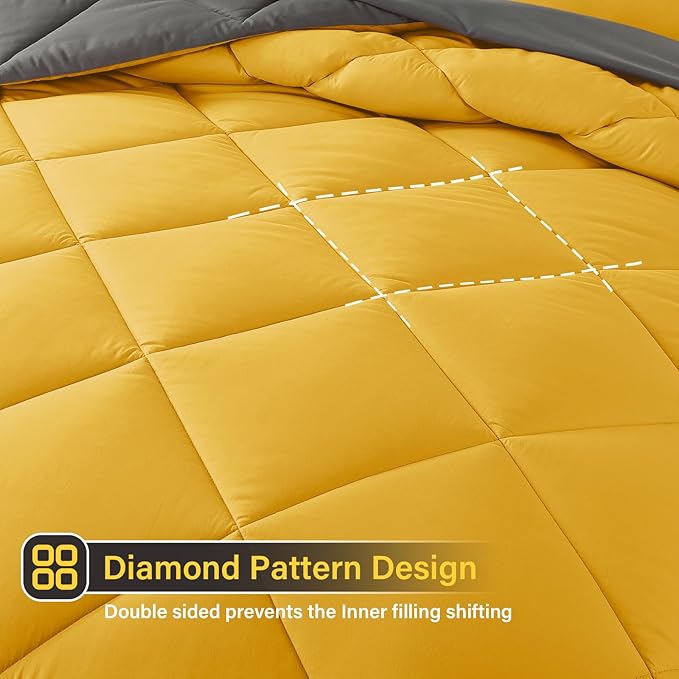 Cosybay Bed in a Bag Full Reversible Comforter Sets 7pcs All Season Down Alternative Bedding Sets Yellow and Grey with Comforter, Pillow Shams, Flat Sheet, Fitted Sheet and Pillowcase