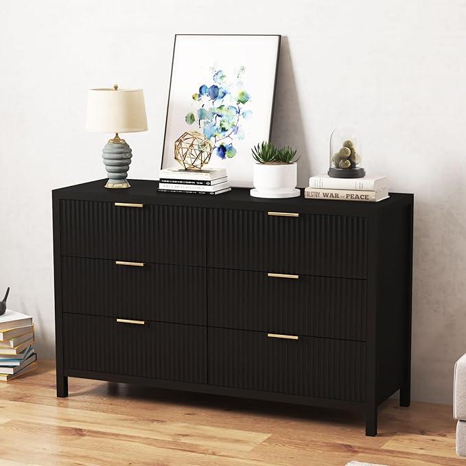 Fluted 6 Drawer TV Stand Dresser for Bedroom, Mid Century Modern Dresser with Drawers, Storage Organizer with 6 Drawers, Fluted Cabinet for Closet Cloth, Living Room, Entryway -Black