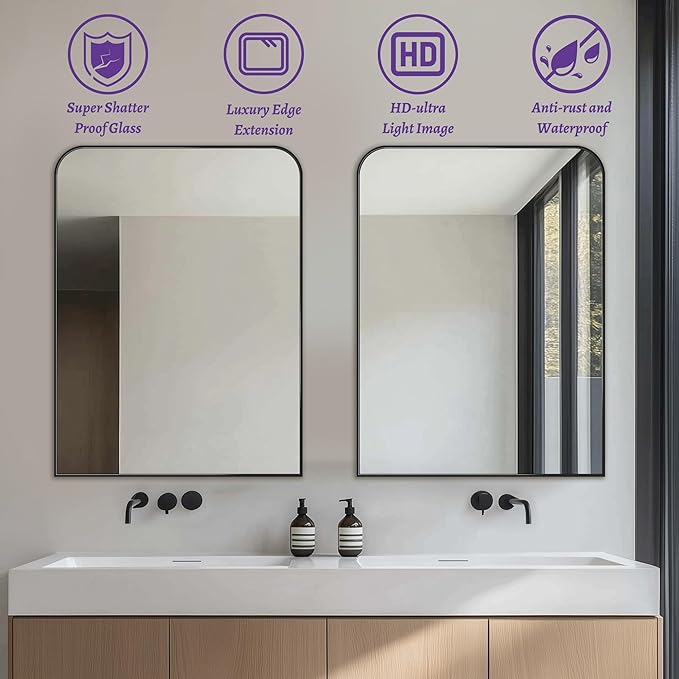 Bathroom Mirror, Wall Mirrors, Black Metal Framed Wall-Mounted Mirrors, Bathroom Vanity Mirror for Over Sink, Living Room, Bedroom, Entryway, 30x40 Inch, Black