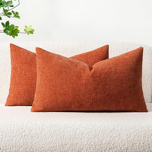 MIULEE Fall Pack of 2 Rust Throw Pillow Covers 12x20 Inch Soft Chenille Pillow Covers for Sofa Living Room Couch Solid Dyed Cases