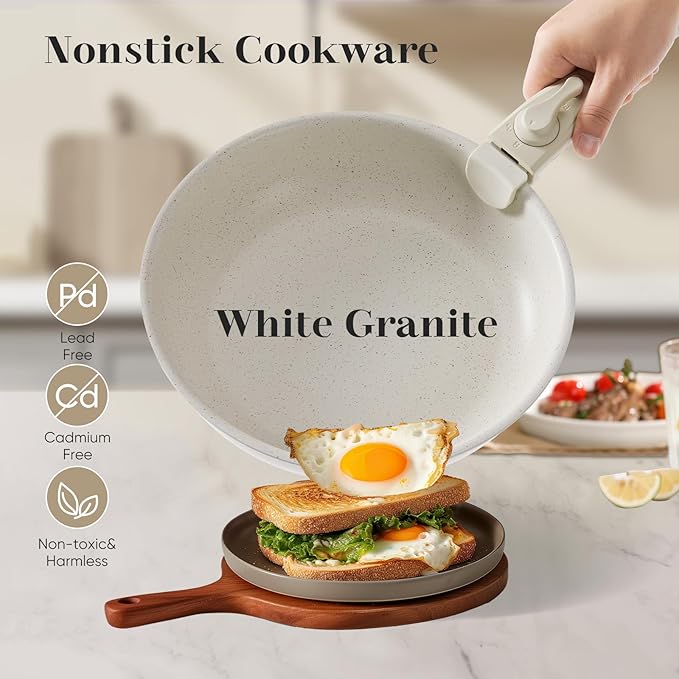 FAB&DELUXE 12 Pcs Nonstick Pots and Pans Set, Granite Cookware Set with Detachable Handle, Induction Compatible, Saucepan, Frying Pan, Silicone Utensils, Dishwasher & Oven Safe, Khaki