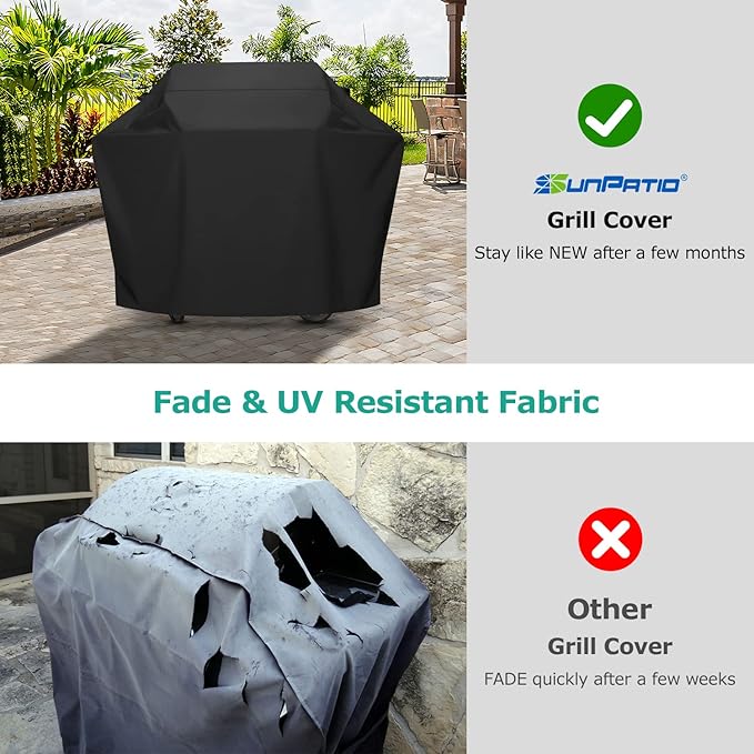 SunPatio Gas Grill Cover 60 Inch, Outdoor Heavy Duty Waterproof Barbecue Gas Cover, UV and Fade Resistant, All Weather Protection Compatible for Weber Charbroil Brinkmann Grills and More, Black