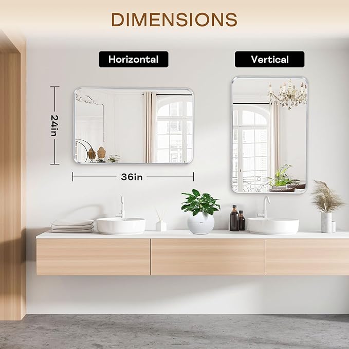 Wall Mount Mirror for Bathroom, Brushed Silver Metal Framed Rounded Corner Rectangular Vanity Mirror (24" x 36", Silver)