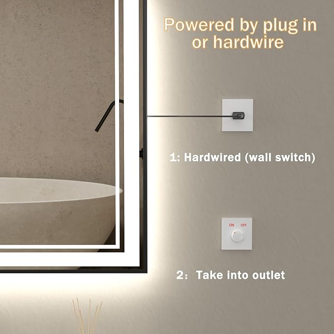 24" x 32" LED Bathroom Mirror with Lights Black Framed LED Mirror for Bathroom Lighted Bathroom Mirror Backlit and Front Black Aluminum Frame Anti-Fog Dimmable Vanity Adjustable Memory