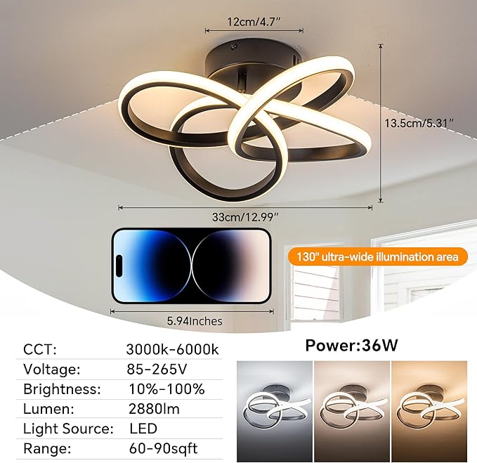Modern Ceiling Light, 36W LED Dimmable Ceiling Light with Remote Control, 3000-6000K Color Temperature Changing, Balck Small Chandelier for Bedroom, Entryway, Hallway, Kitchen