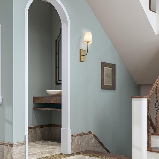 Farmhouse Brass Wall Sconce 1-Light, Linen Fabric Shade Wall Lamp Hardwired Indoor Wall Light for Bedroom Living Room Vanity Bathroom (White Cloth 2-Pack)