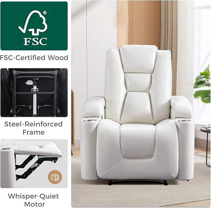 ANJ White Power Recliner Chair Set of 2, Electric Home Theater Seating Soft Leather Reclining Chairs for Movie Room Overstuffed Recliners with Hidden Arm Storage, Cup Holders and USB Ports