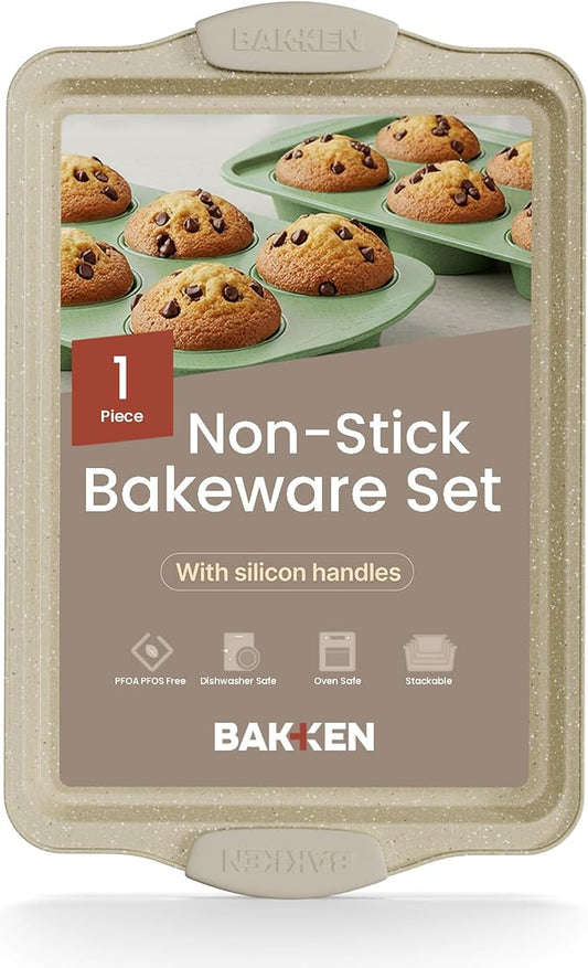 BAKKEN Kitchen Baking Pans - 15.15 x 10.03" Medium Nonstick Sheet, Durable Carbon Steel Cookie Sheet with White Silicone Handles, PFOA, PFOS, PTFE Free, Oven Safe Tray (Up To 450°F), Set of 1