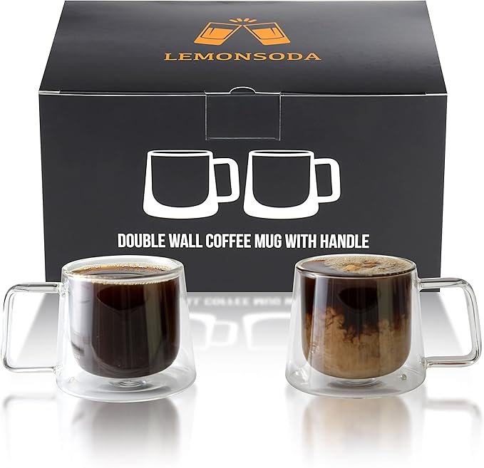 LEMONSODA Double Walled Glass Coffee Drink Mug with Handle - Set of 2 (250 mL / 8.5 fl. oz) Insulated Thermal Mugs Glasses For Tea, Coffee, Latte, Cappucino, Cafe, Milk - Housewarming Gifts