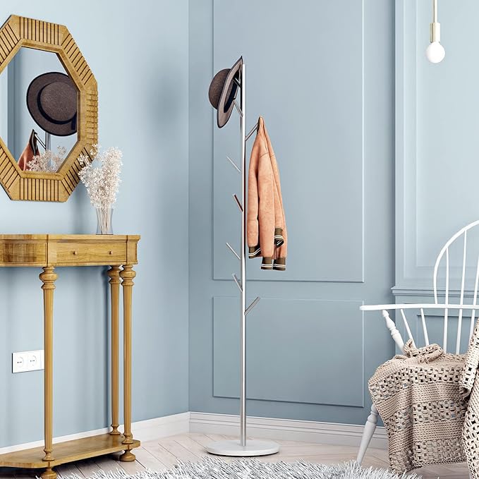Silver Coat Racks, Metal Coat Rack Freestanding with Hooks, Entryway Coat Rack Stand, Coat Racks with Marble Base, Coat Tree for Hanging Clothes, Hats, Bags