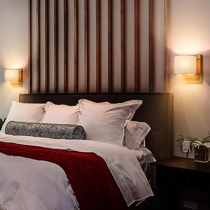 SAMTEEN Gold Wall Sconces Set of Two Mid Century Modern Brass Sconces Wall Lighting with Drum Shade Wall Lamp for Bedroom Hallway Foyer Living Room