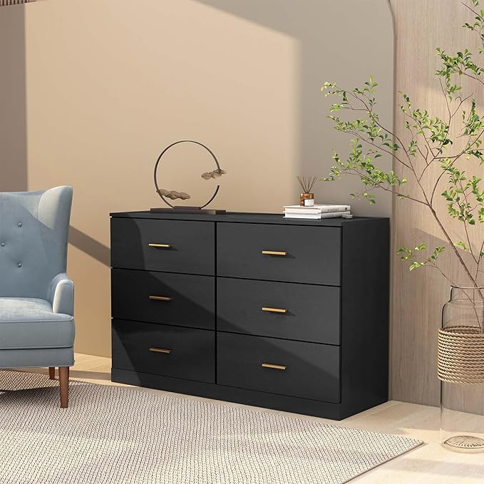 Modern 6 Drawer Dresser for Bedroom, Dresser Chest of Drawer with Large Drawers and Golden Handles, Wooden Dressers Drawer Storage Unit for Bedroom, Living Room or Closet (Black)