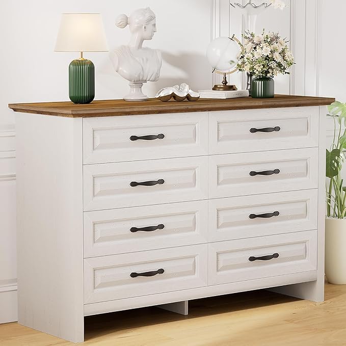 Pipishell White 8 Drawer Dresser for Bedroom, 47" Wide Wood Chest of Drawers with Bar Handles, Modern Storage Dresser Organizer for Bedroom, Living Room, Hallway, Brown & White