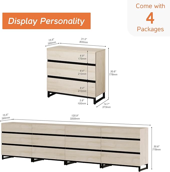 WAMPAT Dresser for Bedroom, Closet Organizers and Storage with 12 Drawers, Chest of Drawers with Metal Base, Wooden Modern Dresser for Living Room, Bedroom, Entryway, Light Oak