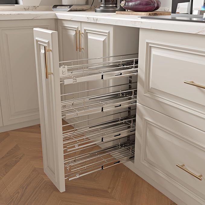 4-Tier 5" W x 21" D Narrow Pull Out Cabinet Organizer, Roll out Spice Rack Holder Shelve, Slide Out Slim Storage Wire Baskets for Storage Organization