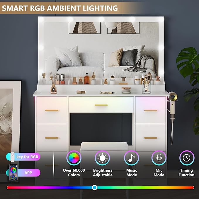 Vanity Desk with 38" Large Mirror and 9 LED Lights & Glass Top and Power Outlet, Adults Makeup Vanity with Chair and 7 Storage Drawers, Dressing Table Set for Bedroom, Modern White