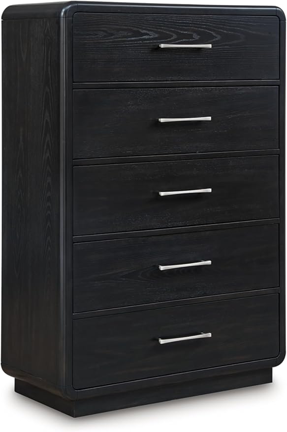 Signature Design by Ashley Rowanbeck Modern 5 Drawer Chest with Felt-Lined Top Drawer and Safety Stop, Black