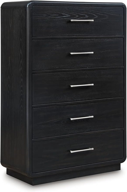 Signature Design by Ashley Rowanbeck Modern 5 Drawer Chest with Felt-Lined Top Drawer and Safety Stop, Black
