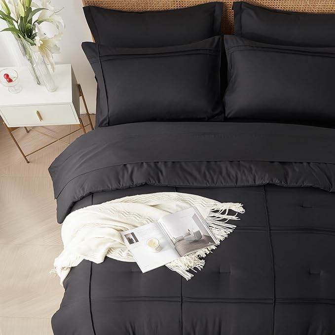 Yogeneg Queen Comforter Set 7 Piece Bed in a Bag,Grid Pinch Pleat Black Bedding Set,Striped Textured Soft Microfiber Comforter with Sheet Set,All Season Complete Bed Set(Black,Queen)