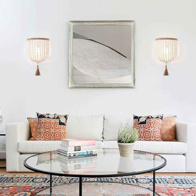 VILUXY Bohemia Wood Beaded Wall Sconces Bedside Antique Rustic Wall Sconce Lighting Fixture White Finishing for Bedroom, Hallway, Entryway, Passway, Bathroom, Vanity 2 Pack