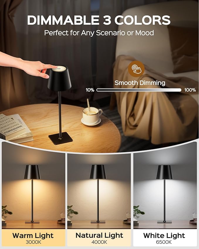 JACKYLED Cordless Lamp DIY Height, 3 Color Stepless Dimming, 5000mAh Battery Operated Lamp Portable Rechargeable for Bedroom Dinning Kitchen, Metal Black, 1 Pack
