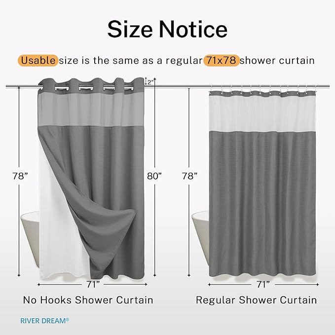 River Dream Heavyweight No Hooks Required Dotted Waffle Weave Shower Curtain with Snap in Liner - 71W x 80H,Hotel Grade,Spa Like Bath Curtain,Gray