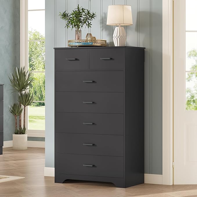 DICTAC Black Dresser for Bedroom with 7 Drawers, 55.7" Tall Dressers Chest of Drawers, Modern Large Wood Storage Dresser Organizer with Metal Handle, Vertical Dressers for Bedroom Living Room Nursery