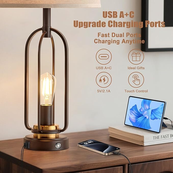 Farmhouse Table Lamps for Living Room Set of 2, 28.5" Tall Rustic Table Lamps with USB Ports, 3-Way Dimmable Vintage Bedside Lamps for Bedroom Nightstand, Bulbs