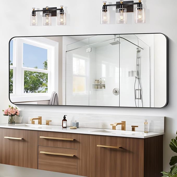 Large Bathroom Mirror, 72x30 inch Black Rectangle Mirror, Metal Frame Rectangular Vanity Mirror, Wall Mounted Mirror with Rounded Corner for Bedroom Living Room Hangs Horizontal Or Vertical