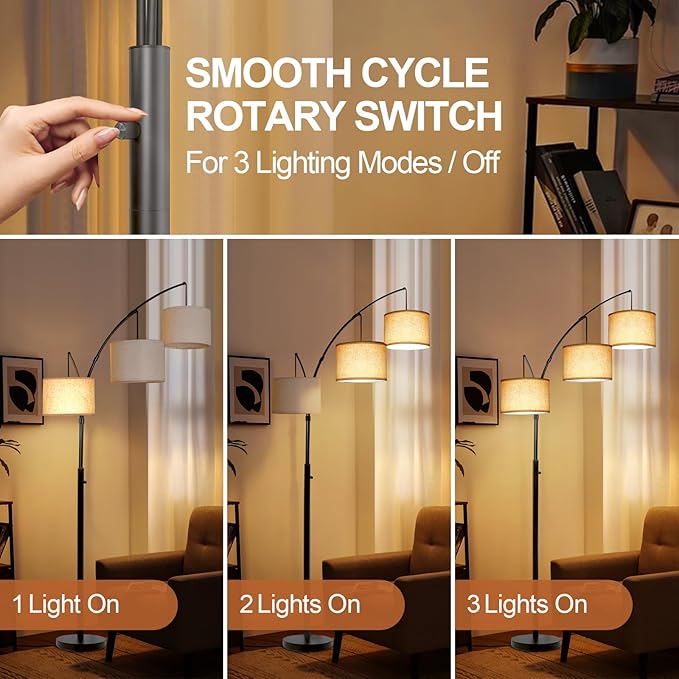 OUTON Tall Arc Floor Lamp - Adjustable, Modern, 3-Light Arched Lamp for Bedroom, Office, and Living Room, 2400lm Mid Century Floor Lamps Design 3 Energy-Efficient LED Bulbs Included, Beige Lampshade