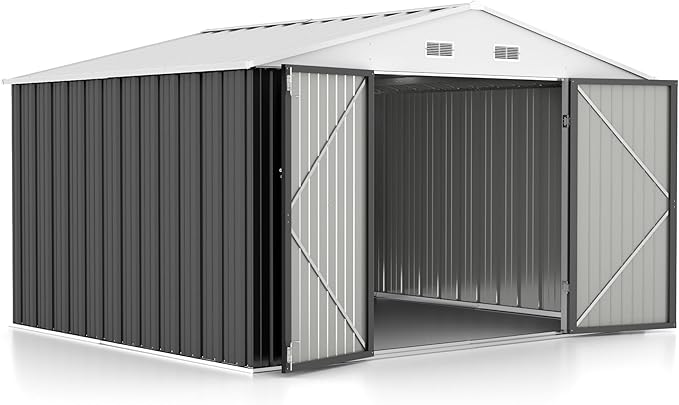 GUNJI 10 x 8 FT Shed Outdoor Storage Shed Metal Garden Shed with Lockable Door Outside Waterproof Tool Shed for Backyard, Patio, Lawn (Gray)