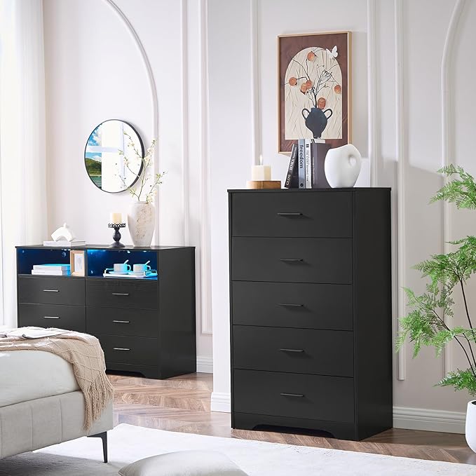 LIDYUK Dresser for Bedroom, Wood Dresser with 5 Drawers, Modern Minimalist Dressers & Chests of Drawers, 47 Inches Tall Chest of Drawers for Bedroom, Hallway, Living Room, Black