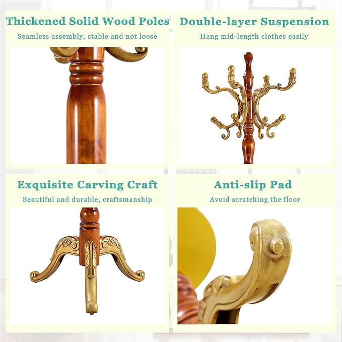 Solid Wood Coat Rack Freestanding, 77" Adjustable Hall Tree Hanger With Hooks, Coat Hanger Stand for Hanging Clothes Bags Hats in Living Room Bedroom