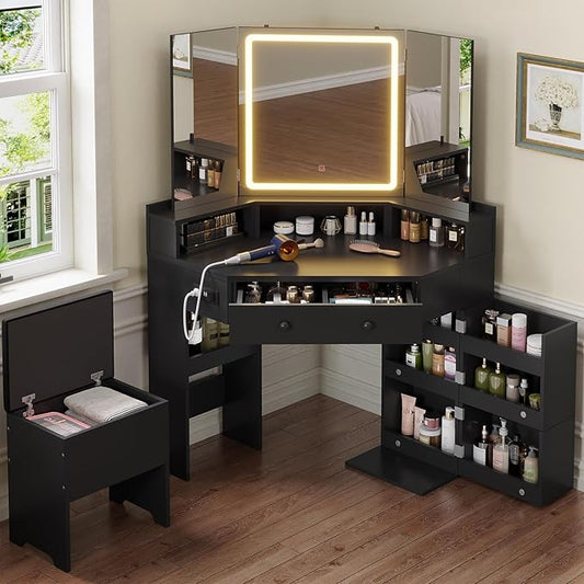 Corner Vanity Desk with Mirror and Lights, Power Outlet & Rotating Shelves, Makeup Vanities with Storage Bench, Drawers, 3 Light Settings, Dimmable for Women Girls, Bedroom, Black