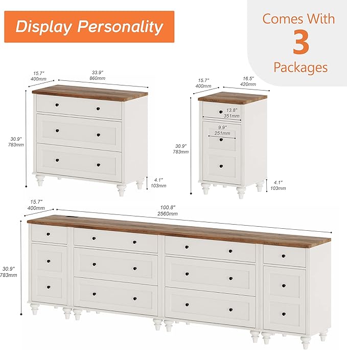 WAMPAT 100 inch TV Stand with 9 Drawers, TV Cabinet Entertainment Center for 75/80/85/90 Inch TV, Kids Dresser with 3 Drawers for Bedroom, Nightstands with Charging Station for Living Room, White