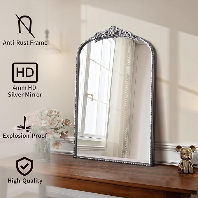 Micasso Arched Mirror, Traditional Vintage Ornate Mirror, 31" x 19" Antique Baroque Silver Wall Mirror for Bathroom Bedroom Living Room