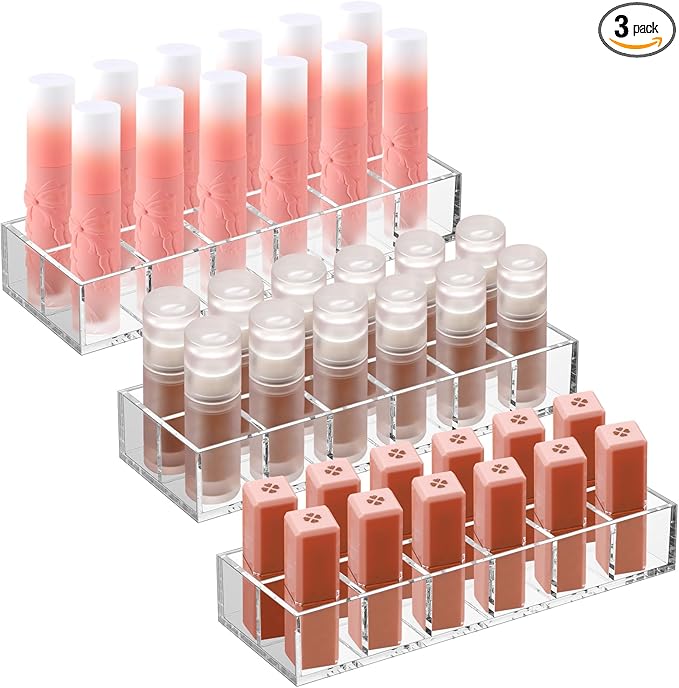 Kigley 3 Pcs Clear Lipstick Holder Acrylic Lip Gloss Organizer Cosmetic Storage Lipstick Display Case for Perfume Sample Drawer Brushes Bottles Women Birthday Gift(12 Grid)
