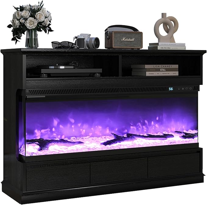 4 EVER WINNER Fireplace TV Stand with 50" Electric Fireplace, Fireplace Entertainment Center with 3-Side Glass Insert, 3 Drawers, TV Consoles for Living Room, Black