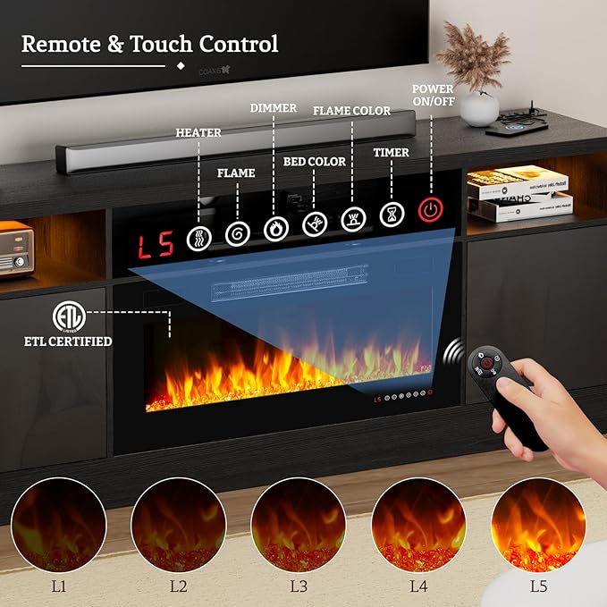 70'' TV Stand with Fireplace and Power Outlet-Black Entertainment Center for 75+ inch TV- 27'' High TV Cabinet with LED Light, Storage, High Glossy Door, Modern TV Console for Living Room