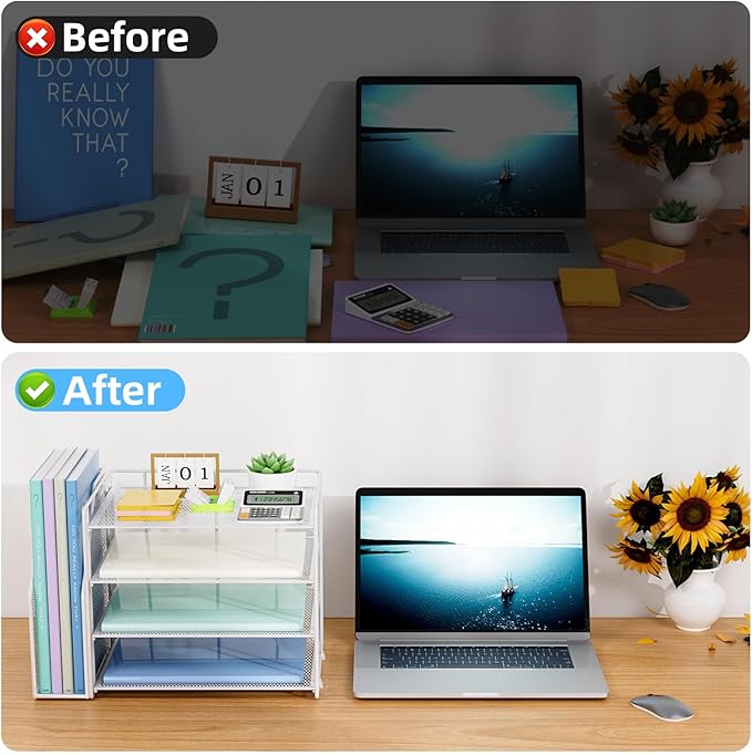 Marbrasse Desk Organizer and Accessories，4-Tier Paper Letter Tray Organizer with File Holder，Desk Accessories & Workspace Desktop Organizers for School Home Office Supplies (White)