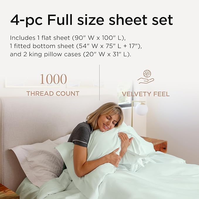 Threadmill Luxury Sheets for Full Size Mattress, 1000 Thread Count Supima Cotton Sheets for Full Mattress, 5-Star Hotel Quality 4 Piece Bed Sheets with Extra Deep Pocket, Seaglass