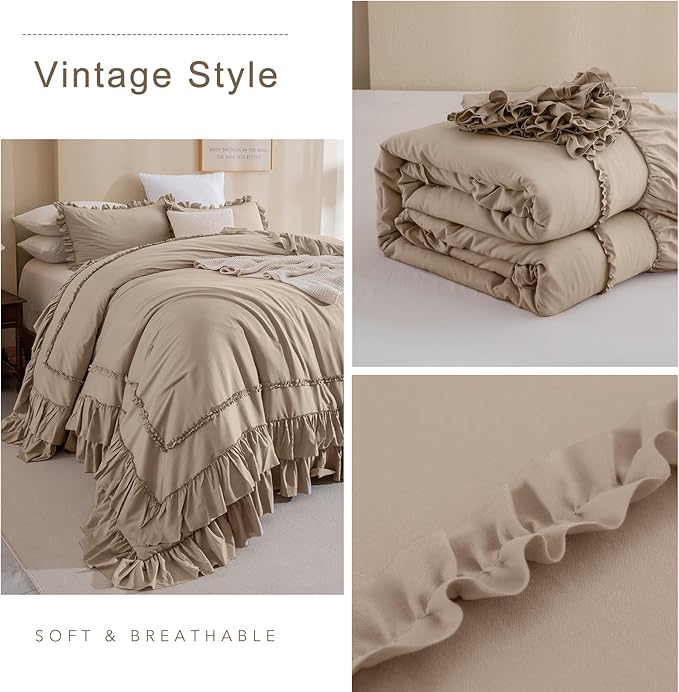 QSH 3PCs Light Taupe Oversized King Comforter Set 120x120,Shabby Vintage Chic Ruffled Bedding Comforter Extra Large Farmhouse French Country Rustic Comforter Microfiber Soft Lightweight Bedding
