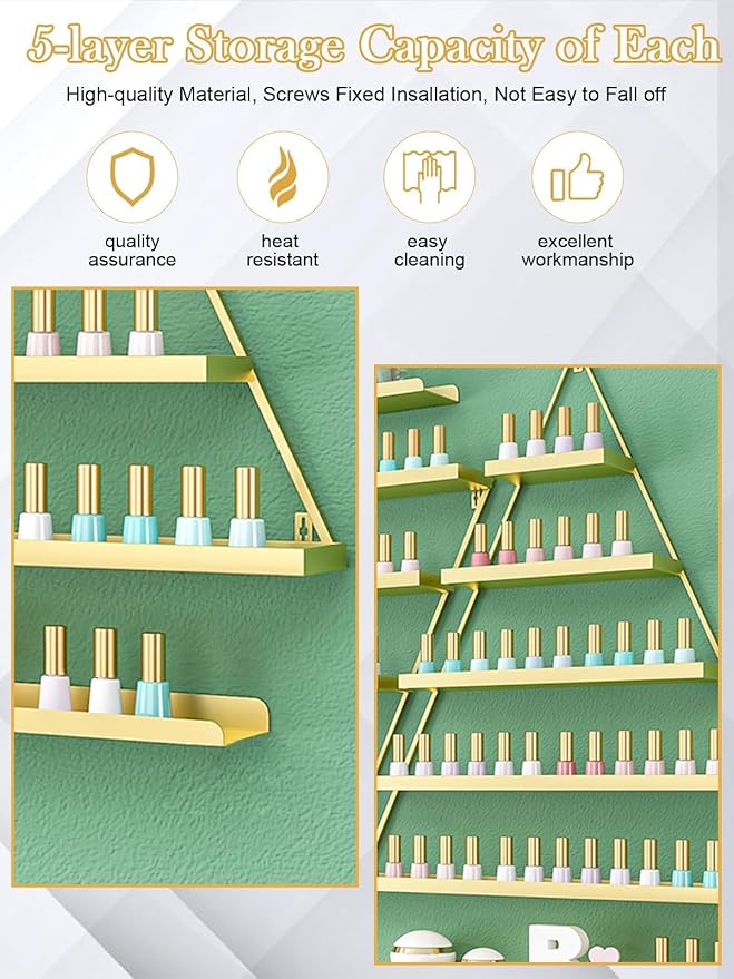 EBANKU 6PCS Nail Polish Racks 5 Tiers Nail Polish Shelf for Wall Triangular Display Rack Cosmetic Display Cases Lipstick Perfume Wall Shelf Essential Oil Organizers for Home Spa Nail Salon Shop(Gold)