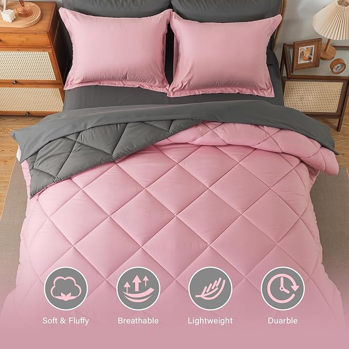 Cosybay Bed in a Bag King Comforter Sets 7pcs All Season Solid Down Alternative Bedding Sets Pink and Grey with Comforter, Pillow Shams, Flat Sheet, Fitted Sheet and Pillowcases