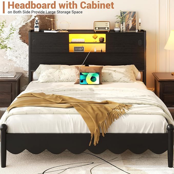 Homieasy Headboard for Queen Size Bed with Storage, Sturdy Bookcase Headboards with Outlet, USB & LED Light, Queen Size Headboard Only, Head Board with Sliding Doors & Bed Adapter for Bedroom, Black