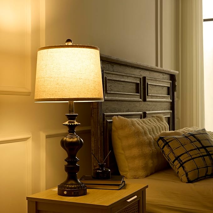 27.5" Farmhouse Table Lamps Set of 2 Bedside Lamp with USB C+A Ports & AC Outlet, 3 Way Dimmable Touch Lamps for Living Room Bedroom Office Hallway Rustic Nightstand Traditional Lamp