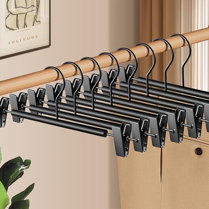 Wooden Pants Hangers with Clips 20 Pack Adjustable Wood Skirt Hangers for Women&Men Space Saving Closet Non Slip Clothes Hanger for Jeans,Trousers,Short,12Inch Black